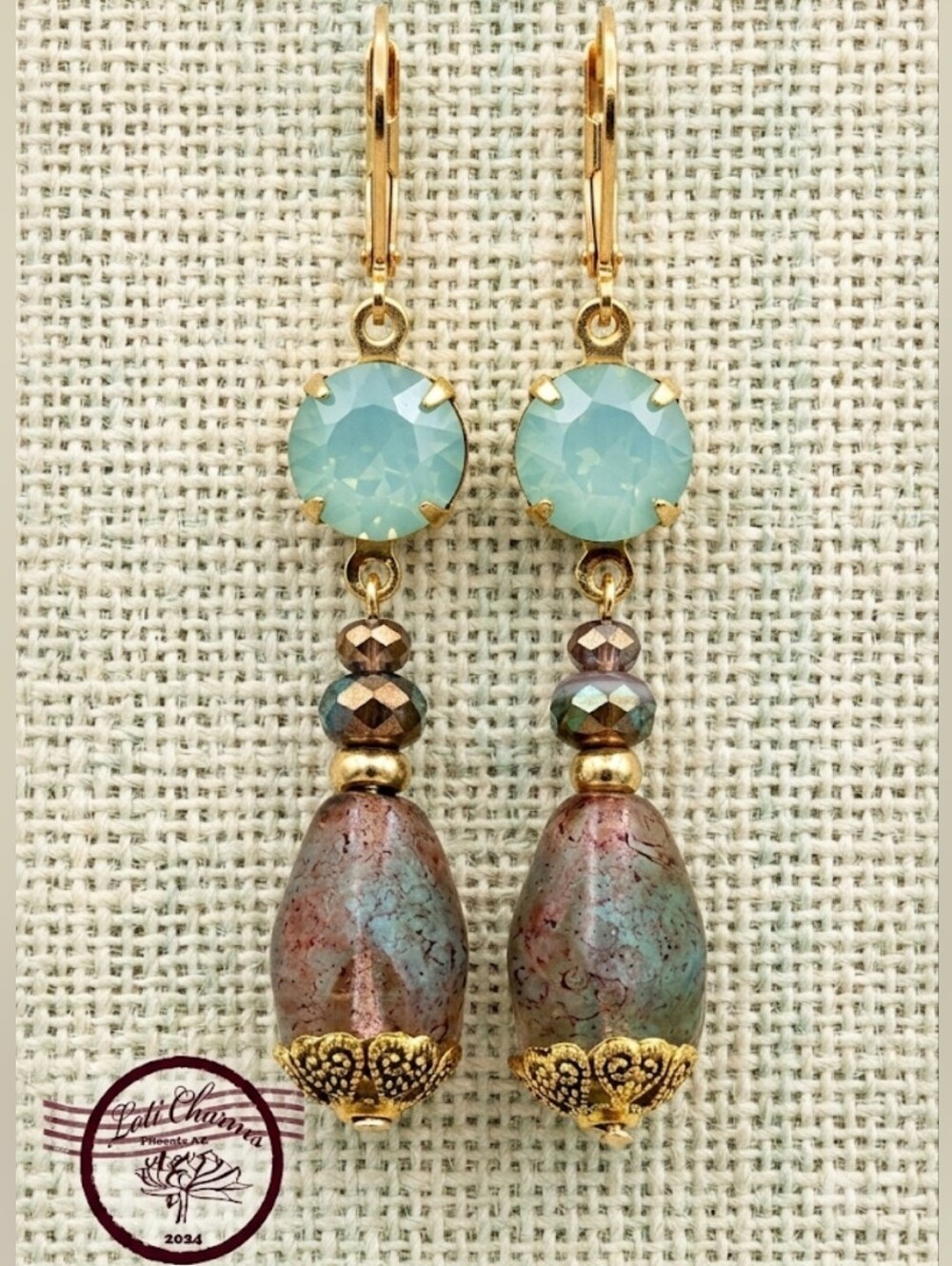 Victorian Mint Green-Blue Pacific Opal Crystal & Glass Earrings In 18K GP